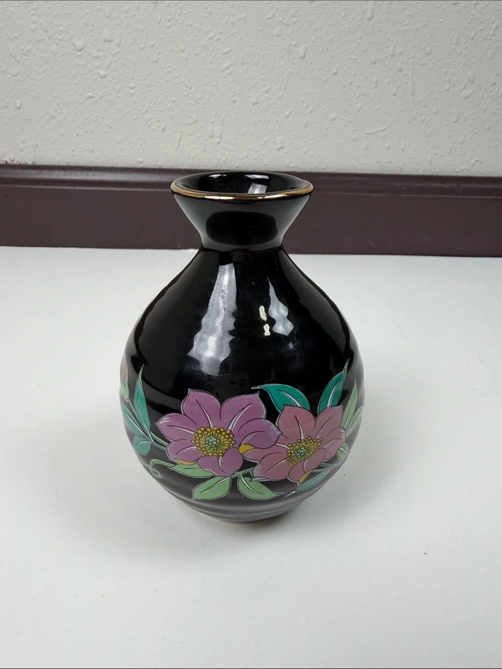 Vintage Black Floral Bud Vase Japan Hand Painted Pink Flowers Gold Trim Ceramic